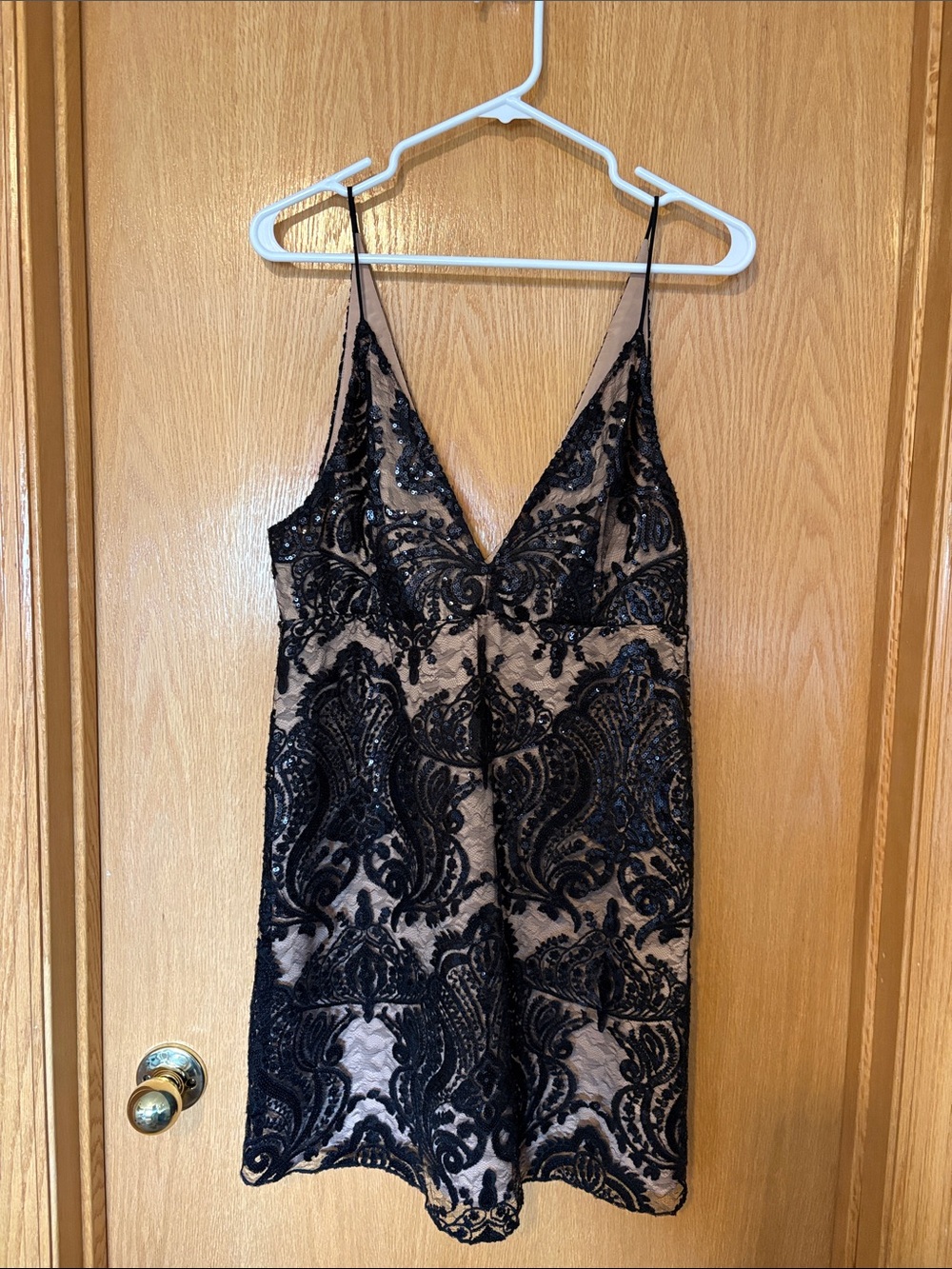 Free People Beaded Black Lace Slip Dress with Nude Lining